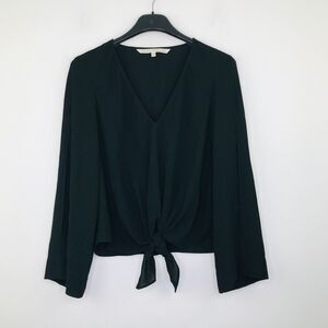 Rachel Roy Women's XS Blouse Black Tie Front Crop Long Slit Sleeve V-Neck AF18